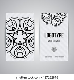 Set of vector design templates. Brochures in random colorful style. Vintage frames and backgrounds. Business card with floral circle ornament. Mandala style.