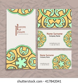 Set of vector design templates. Brochures in random colorful style. Vintage frames and backgrounds. Business card with floral circle ornament. Mandala style.