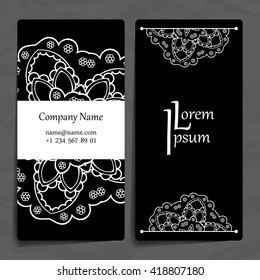 Set of vector design templates. Brochures in random colorful style. Vintage frames and backgrounds. Business card with floral circle ornament. Mandala style.