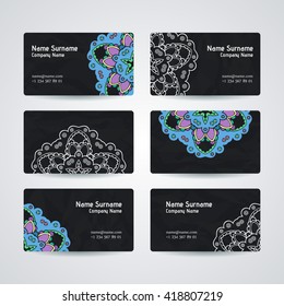 Set of vector design templates. Brochures in random colorful style. Vintage frames and backgrounds. Business card with floral circle ornament. Mandala style.
