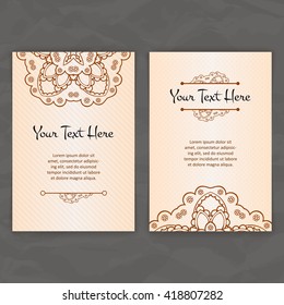 Set of vector design templates. Brochures in random colorful style. Vintage frames and backgrounds. Business card with floral circle ornament. Mandala style.