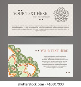 Set of vector design templates. Brochures in random colorful style. Vintage frames and backgrounds. Business card with floral circle ornament. Mandala style.