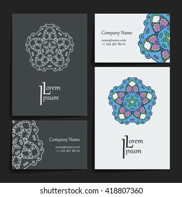 Set of vector design templates. Brochures in random colorful style. Vintage frames and backgrounds. Business card with floral circle ornament. Mandala style.