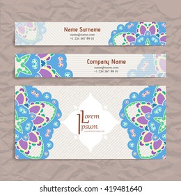 Set of vector design templates. Brochures in random colorful style. Vintage frames and backgrounds. Business card with floral circle ornament. Mandala style.