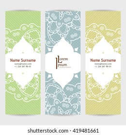 Set of vector design templates. Brochures in random colorful style. Vintage frames and backgrounds. Business card with floral circle ornament. Mandala style.
