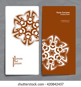 Set of vector design templates. Brochures in random colorful style. Vintage frames and backgrounds. Business card with floral circle ornament. Mandala style.