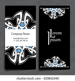 Set of vector design templates. Brochures in random colorful style. Vintage frames and backgrounds. Business card with floral circle ornament. Mandala style.