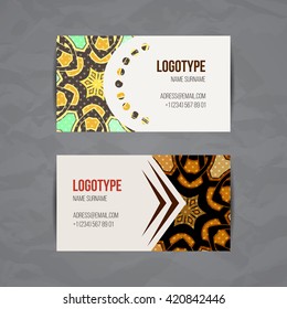 Set of vector design templates. Brochures in random colorful style. Vintage frames and backgrounds. Business card with floral circle ornament. Mandala style.