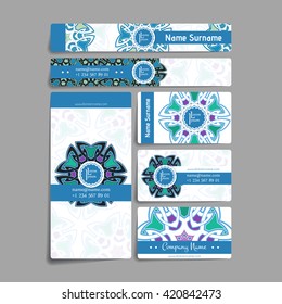 Set of vector design templates. Brochures in random colorful style. Vintage frames and backgrounds. Business card with floral circle ornament. Mandala style.