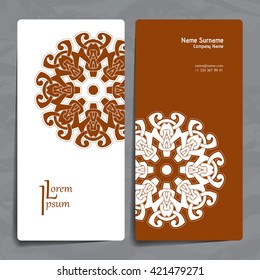 Set of vector design templates. Brochures in random colorful style. Vintage frames and backgrounds. Business card with floral circle ornament. Mandala style.