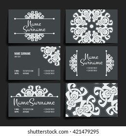 Set of vector design templates. Brochures in random colorful style. Vintage frames and backgrounds. Business card with floral circle ornament. Mandala style.