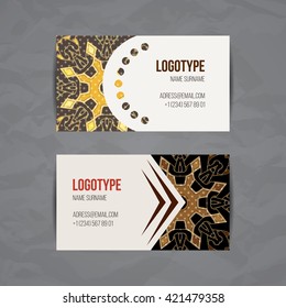 Set of vector design templates. Brochures in random colorful style. Vintage frames and backgrounds. Business card with floral circle ornament. Mandala style.