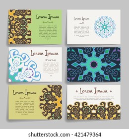 Set of vector design templates. Brochures in random colorful style. Vintage frames and backgrounds. Business card with floral circle ornament. Mandala style.
