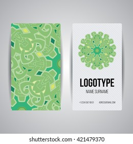 Set of vector design templates. Brochures in random colorful style. Vintage frames and backgrounds. Business card with floral circle ornament. Mandala style.