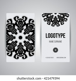 Set of vector design templates. Brochures in random colorful style. Vintage frames and backgrounds. Business card with floral circle ornament. Mandala style.