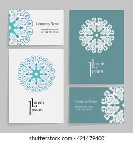 Set of vector design templates. Brochures in random colorful style. Vintage frames and backgrounds. Business card with floral circle ornament. Mandala style.