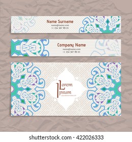 Set of vector design templates. Brochures in random colorful style. Vintage frames and backgrounds. Business card with floral circle ornament. Mandala style.