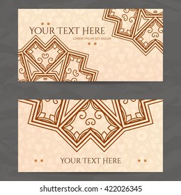 Set of vector design templates. Brochures in random colorful style. Vintage frames and backgrounds. Business card with floral circle ornament. Mandala style.