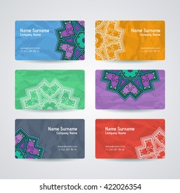 Set of vector design templates. Brochures in random colorful style. Vintage frames and backgrounds. Business card with floral circle ornament. Mandala style.