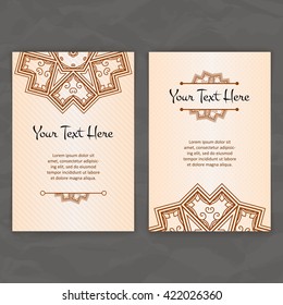 Set of vector design templates. Brochures in random colorful style. Vintage frames and backgrounds. Business card with floral circle ornament. Mandala style.