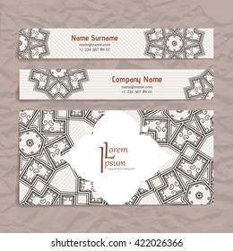 Set of vector design templates. Brochures in random colorful style. Vintage frames and backgrounds. Business card with floral circle ornament. Mandala style.