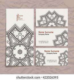 Set of vector design templates. Brochures in random colorful style. Vintage frames and backgrounds. Business card with floral circle ornament. Mandala style.