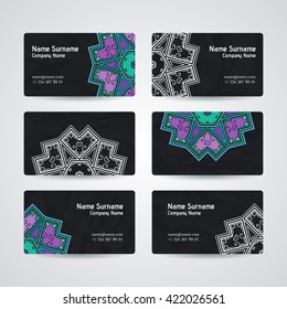 Set of vector design templates. Brochures in random colorful style. Vintage frames and backgrounds. Business card with floral circle ornament. Mandala style.