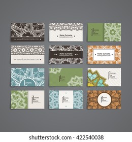 Set of vector design templates. Brochures in random colorful style. Vintage frames and backgrounds. Business card with floral circle ornament. Mandala style.