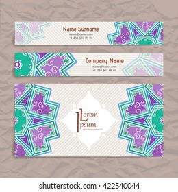 Set of vector design templates. Brochures in random colorful style. Vintage frames and backgrounds. Business card with floral circle ornament. Mandala style.
