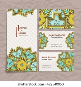 Set of vector design templates. Brochures in random colorful style. Vintage frames and backgrounds. Business card with floral circle ornament. Mandala style.