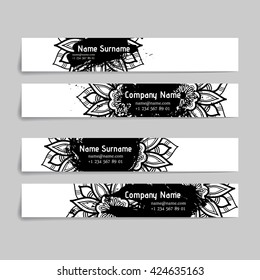 Set of vector design templates. Brochures in random colorful style. Vintage frames and backgrounds. Business card with floral circle ornament. Mandala style.