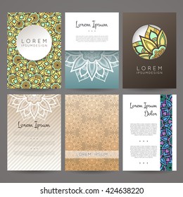 Set of vector design templates. Brochures in random colorful style. Vintage frames and backgrounds. Business card with floral circle ornament. Mandala style.