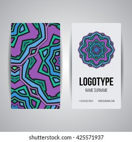 Set of vector design templates. Brochures in random colorful style. Vintage frames and backgrounds. Business card with floral circle ornament. Mandala style.