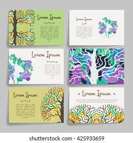 Set of vector design templates. Brochures in random colorful style. Vintage frames and backgrounds. Business card with tree in hand draw style. Hipster style.