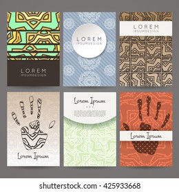 Set of vector design templates. Brochures in random colorful style. Vintage frames and backgrounds. Business card with floral circle ornament. Mandala style.
