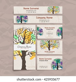 Set of vector design templates. Brochures in random colorful style. Vintage frames and backgrounds. Business card with tree in hand draw style. Hipster style.