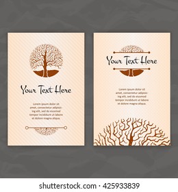 Set of vector design templates. Brochures in random colorful style. Vintage frames and backgrounds. Business card with tree in hand draw style. Hipster style.
