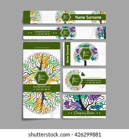 Set of vector design templates. Brochures in random colorful style. Vintage frames and backgrounds. Business card with tree in hand draw style. Hipster style.