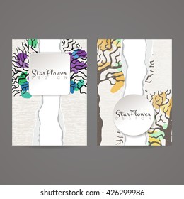 Set of vector design templates. Brochures in random colorful style. Vintage frames and backgrounds. Business card with tree in hand draw style. Hipster style.