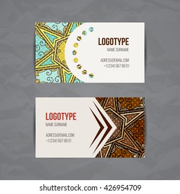 Set of vector design templates. Brochures in random colorful style. Vintage frames and backgrounds. Business card with floral circle ornament. Mandala style.