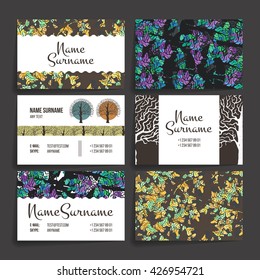 Set of vector design templates. Brochures in random colorful style. Vintage frames and backgrounds. Business card with tree in hand draw style. Hipster style.