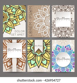Set of vector design templates. Brochures in random colorful style. Vintage frames and backgrounds. Business card with floral circle ornament. Mandala style.