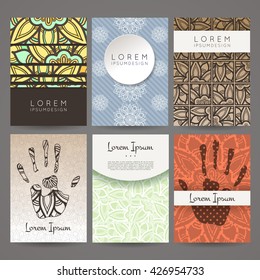 Set of vector design templates. Brochures in random colorful style. Vintage frames and backgrounds. Business card with floral circle ornament. Mandala style.