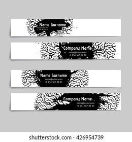 Set of vector design templates. Brochures in random colorful style. Vintage frames and backgrounds. Business card with tree in hand draw style. Hipster style.