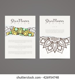 Set of vector design templates. Brochures in random colorful style. Vintage frames and backgrounds. Business card with floral circle ornament. Mandala style.
