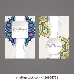 Set of vector design templates. Brochures in random colorful style. Vintage frames and backgrounds. Business card with floral circle ornament. Mandala style.