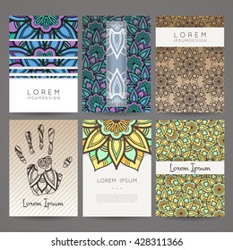 Set of vector design templates. Brochures in random colorful style. Vintage frames and backgrounds. Business card with floral circle ornament. Mandala style.