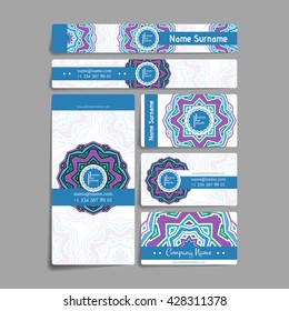 Set of vector design templates. Brochures in random colorful style. Vintage frames and backgrounds. Business card with floral circle ornament. Mandala style.