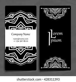 Set of vector design templates. Brochures in random colorful style. Vintage frames and backgrounds. Business card with floral circle ornament. Mandala style.