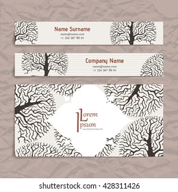 Set of vector design templates. Brochures in random colorful style. Vintage frames and backgrounds. Business card with tree in hand draw style. Hipster style.